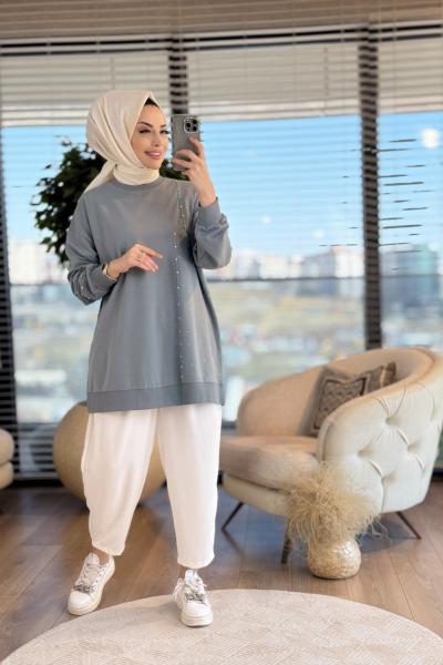 34850 Parçalı Taşlı Sweaat Antrasit