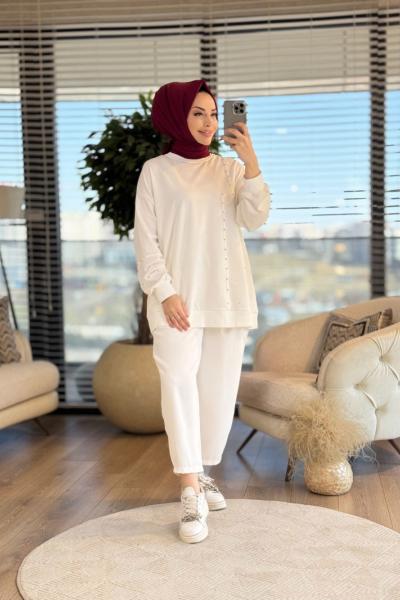 34850 Parçalı Taşlı Sweaat Ekru