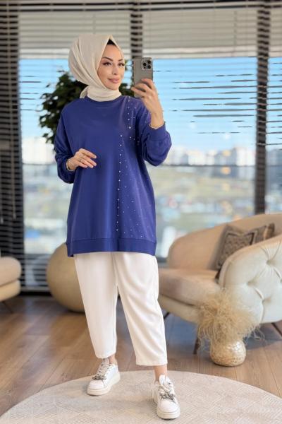 34850 Parçalı Taşlı Sweaat Koyu İndigo