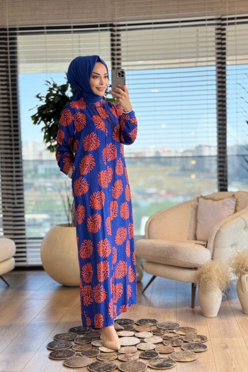 3486Y25 Dubai Viskon Elbise Saks Oranj