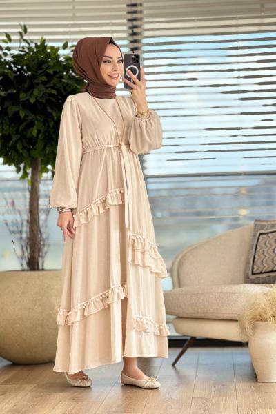 349 Ponpon Detaylı Elbise Bej