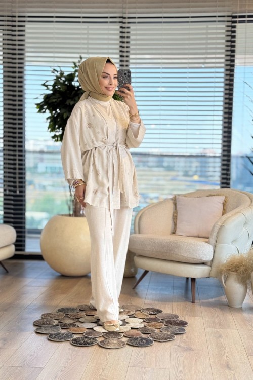 34956 Taş Yapıştırma Desenli Kimonolu Takım Bej