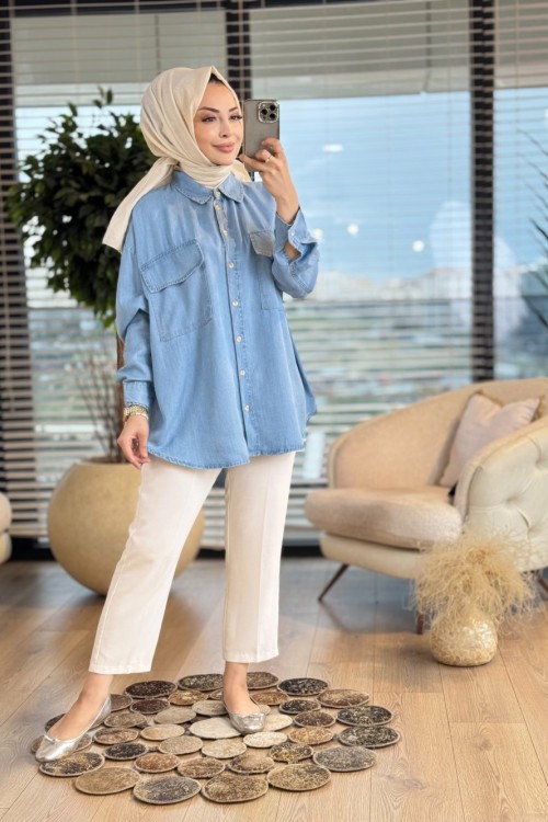 35012 Oversize Tencel Gömlek Mavi