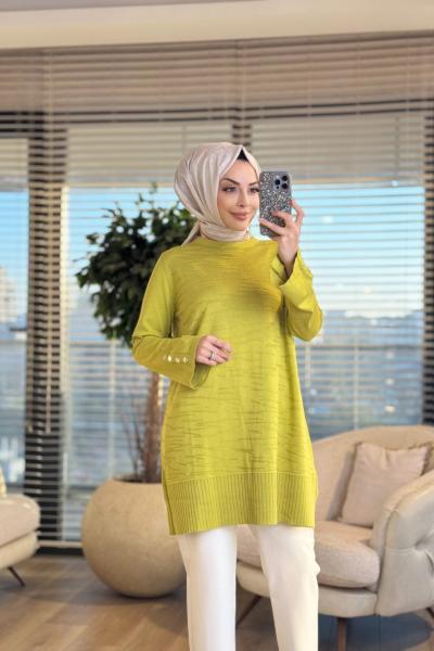 3503 Ön Kabartma Desenli Triko Tunik Yağ Yeşili