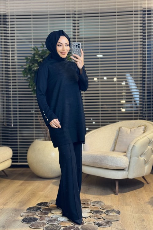 3503 Ön Kabartma Desenli Triko Tunik Siyah