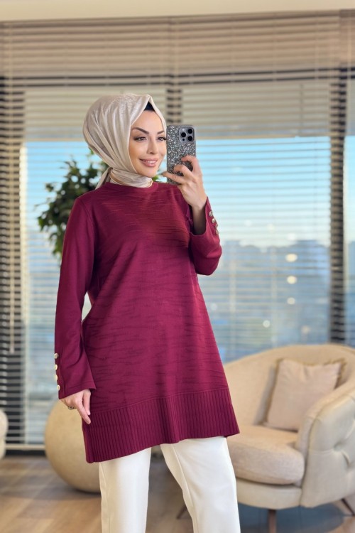 3503 Ön Kabartma Desenli Triko Tunik Bordo