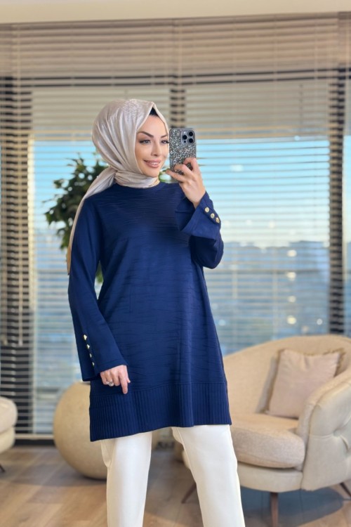 3503 Ön Kabartma Desenli Triko Tunik Lacivert