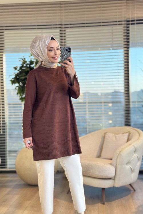 3503 Ön Kabartma Desenli Triko Tunik Kahve