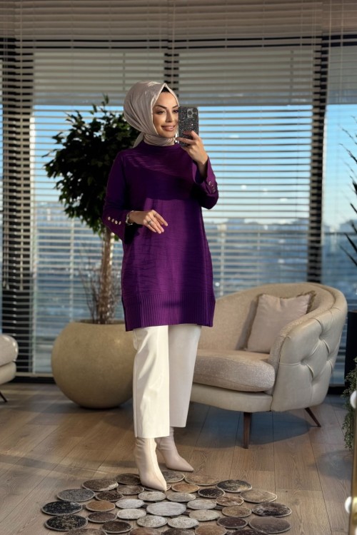 3503 Ön Kabartma Desenli Triko Tunik Leylak