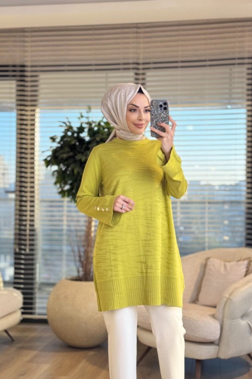 3503 Ön Kabartma Desenli Triko Tunik Yağ Yeşili