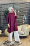 3508 Üst Pul Nakışlı Kendinden Desenli Triko Tunik Bordo