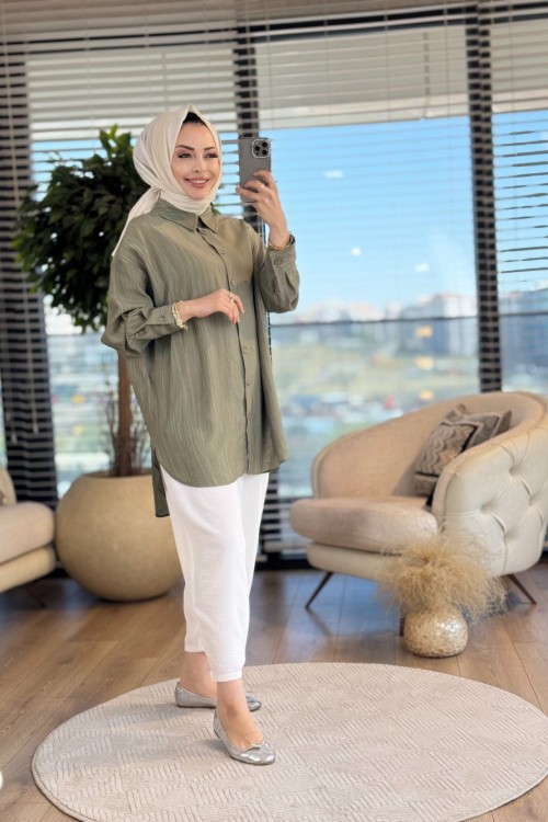 35133 Yıkama Efektli Gömlek Haki