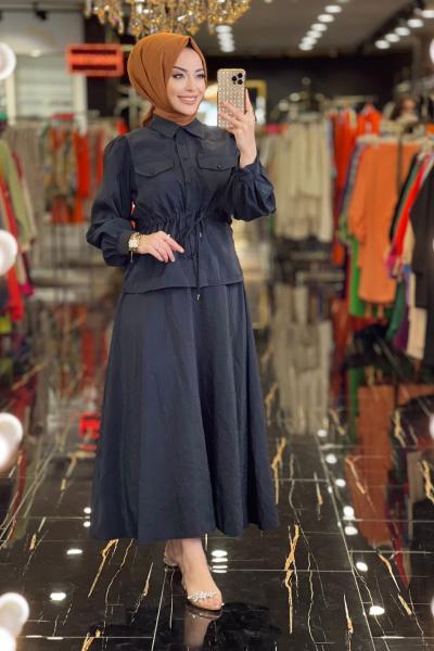 3520 Ön Düğme İki Cepli Etekli Takım Siyah