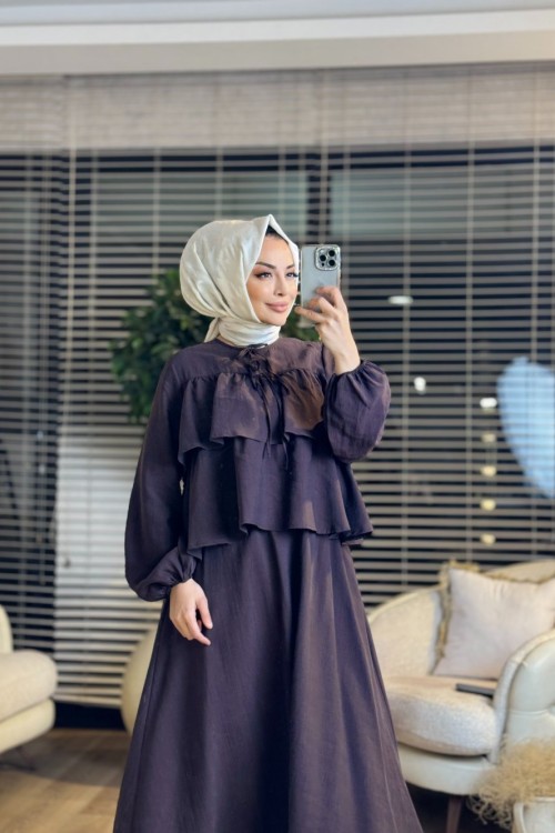 35294 Volan Detaylı Bluz Takım Kahve