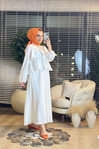 35294 Volan Detaylı Bluz Takım Ekru