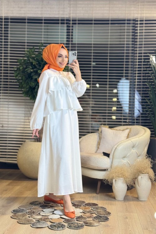 35294 Volan Detaylı Bluz Takım Ekru