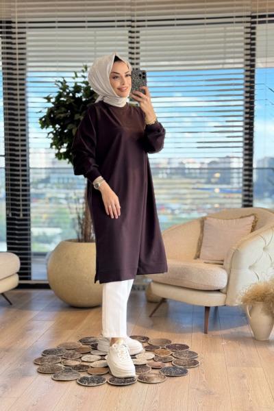 35331 Tonaton Baskılı Uzun Tunik Kahve