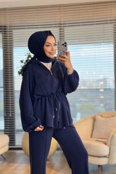 35373 Bel Kordonlu Kesik Detaylı Takım Lacivert