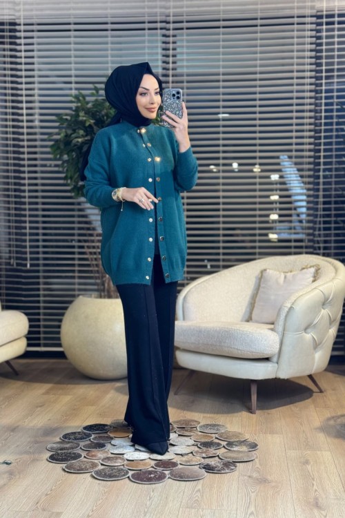 3539 Sakal Sıfır Yaka Çıtçıtlı Hırka Zümrüt