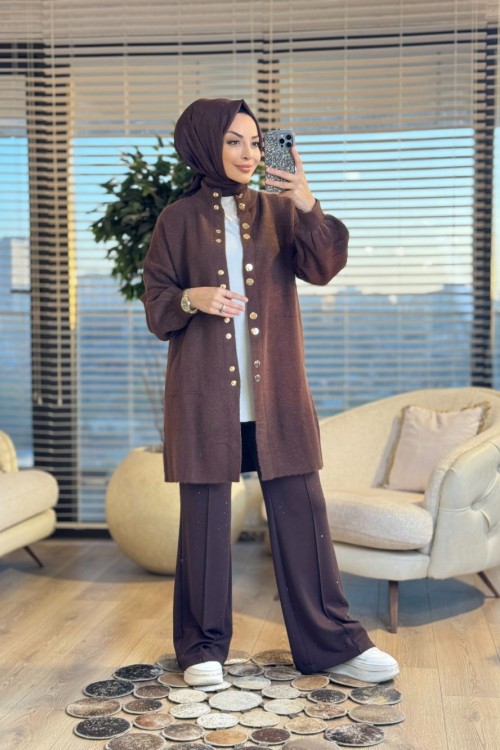 3540 Simli Sakal Çıtçıtlı Hırka Kahve