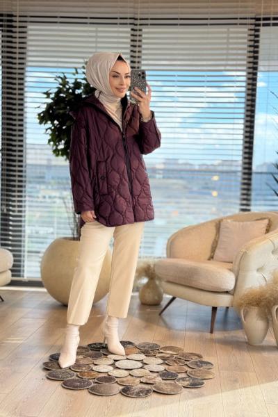 35424 Kapşonlu Şişme Mont Mürdüm