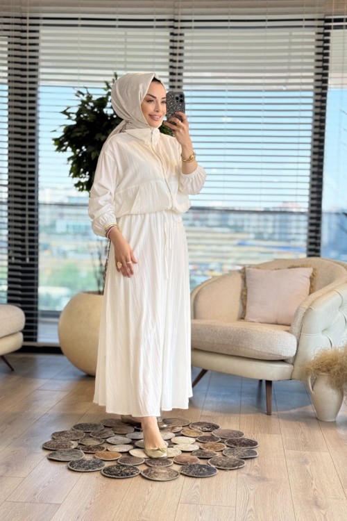 35437 Gofre Bomber Ceket Etekli Takım Ekru