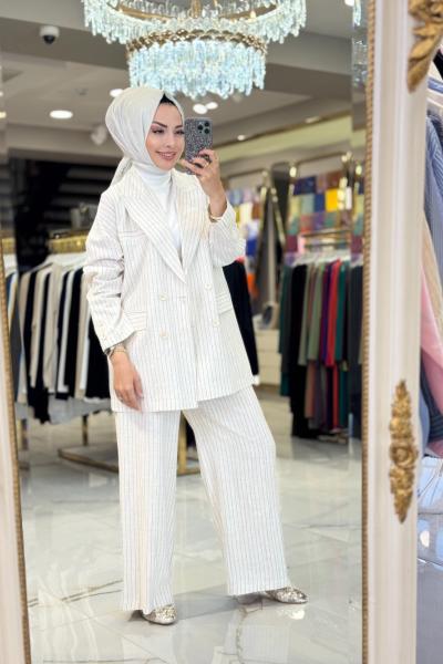 35482 Keten Boyuna Çizgili Takım Bej