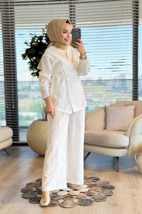 35497 Kruvaze Metal Düğmeli Pantolonlu Takım Ekru