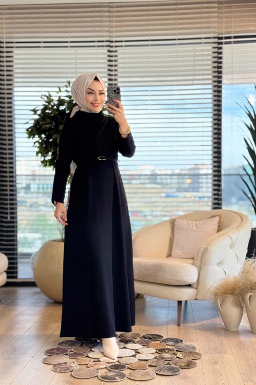 35539 Kemerli Balıkçı Yaka Simli Elbise Siyah