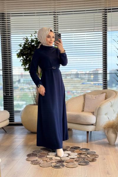 35539 Kemerli Balıkçı Yaka Simli Elbise Lacivert