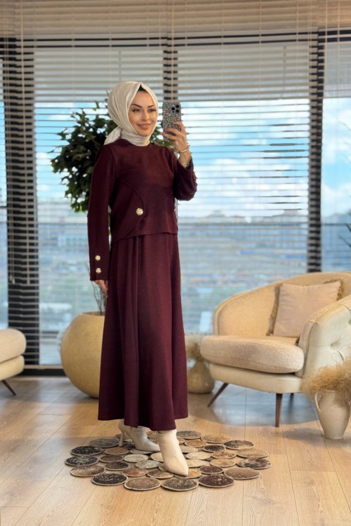 35588 Yanları Düğmeli Etekli Takım Bordo