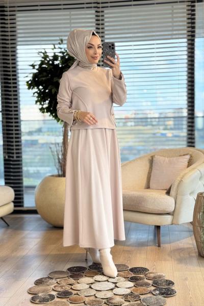 35588 Yanları Düğmeli Etekli Takım Bej