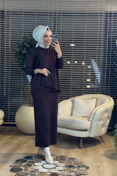 3561 Ön Parçalı Broşlu Triko Etekli Takım Kahve