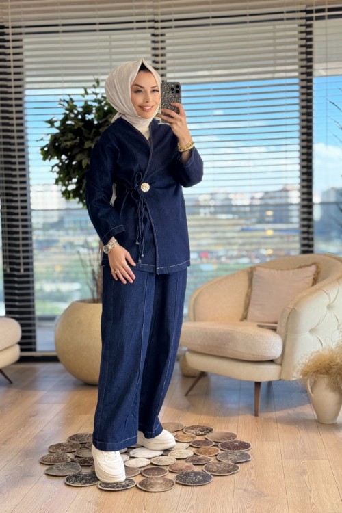 35612 Kruvaze Detaylı Kot Takım Lacivert