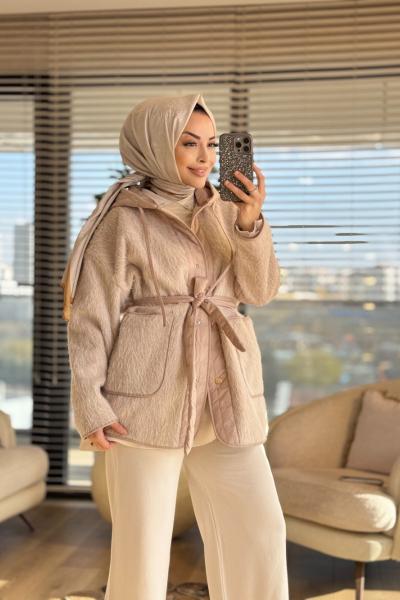 35634 Kapitone Garnili Peluş Mont Bej