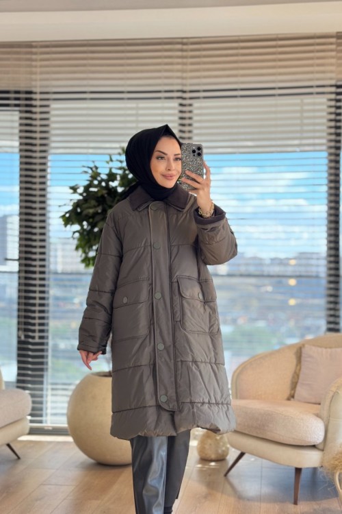 35691 Kadife Garnili Şişme Kaban Haki