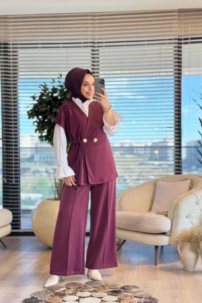 35717 Kruvaze Yelekli Pantolonlu Takım Bordo