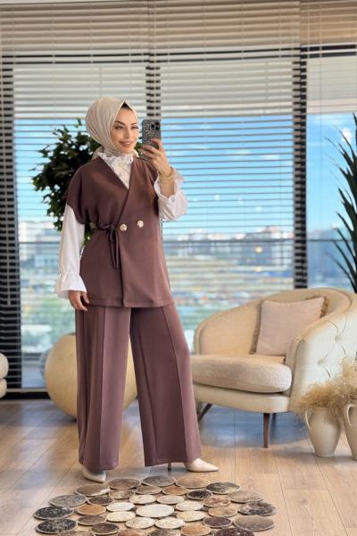 35717 Kruvaze Yelekli Pantolonlu Takım Kahve