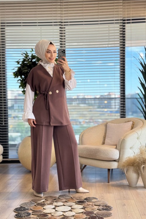 35717 Kruvaze Yelekli Pantolonlu Takım Kahve