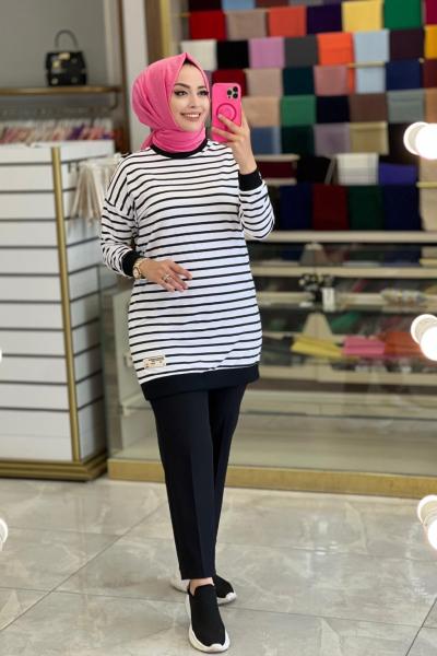 3573 Enine Çizgili İki İplik Tunik Ekru