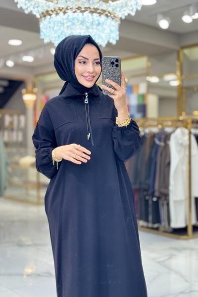 35742 Yüksek Yakalı Kesik Detaylı Elbise Siyah