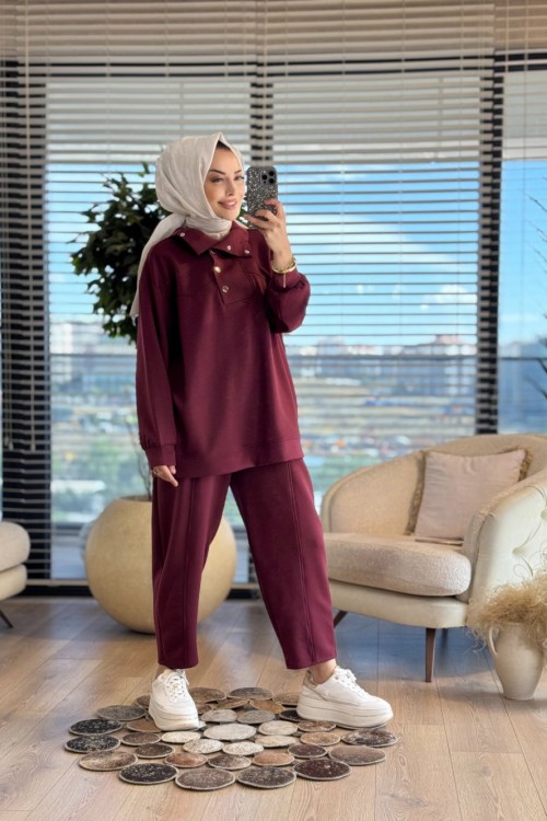 35792 Çıtçıtlı Yüksek Yakalı Takım Bordo
