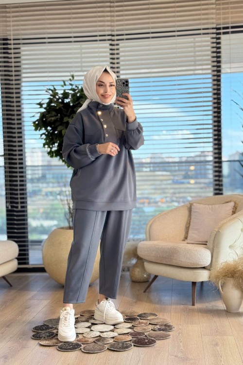 35792 Çıtçıtlı Yüksek Yakalı Takım Antrasit