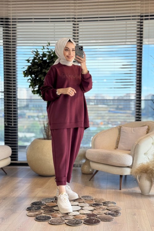35797 Taş Ve Yüksek Baskılı Takım Bordo