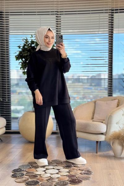 35798 Tonaton Baskı Geniş Paçalı Pantolonlu Takım Siyah