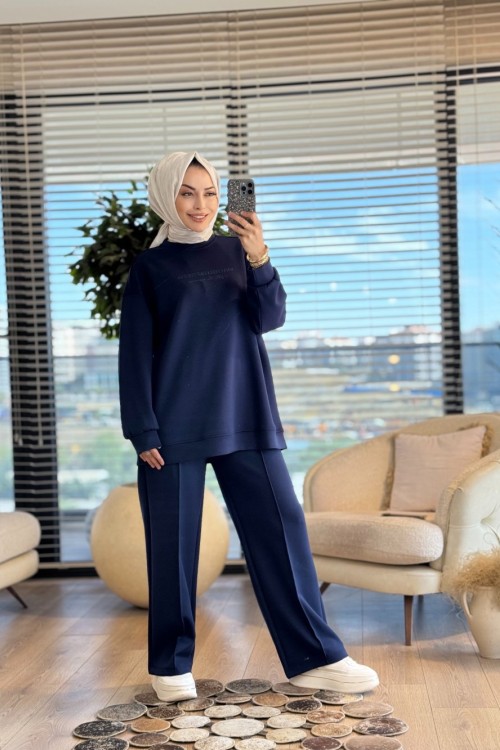 35798 Tonaton Baskı Geniş Paçalı Pantolonlu Takım Lacivert