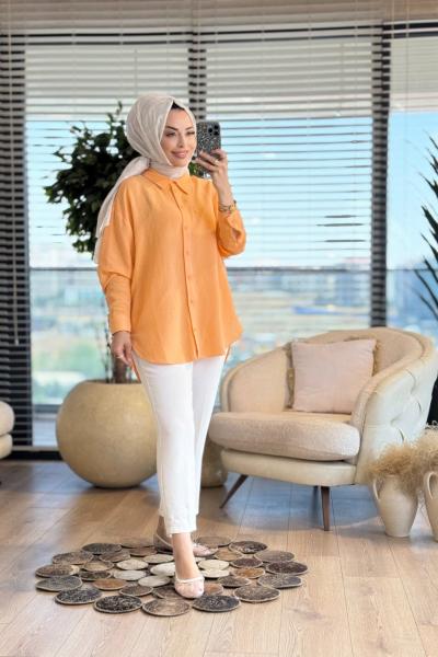 35842 Keten Basic Gömlek Somon