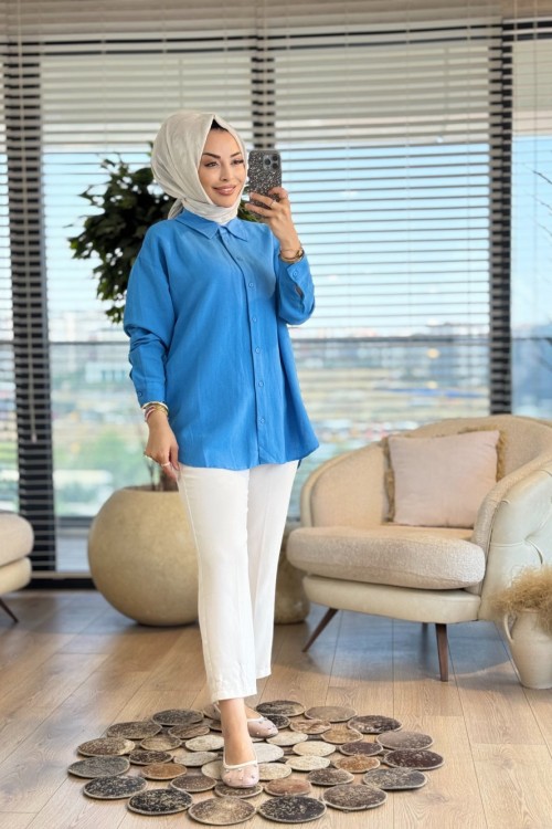 35842 Keten Basic Gömlek İndigo
