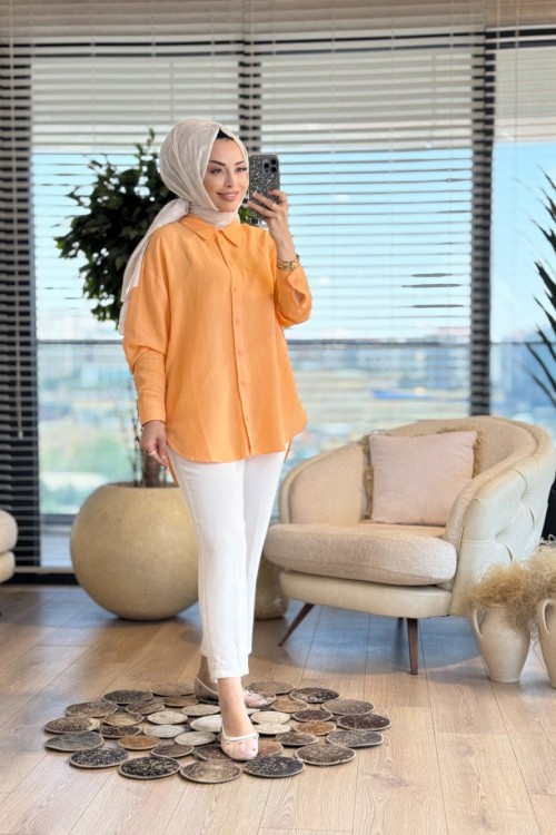 35842 Keten Basic Gömlek Somon