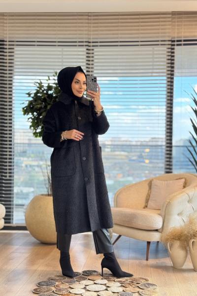 35859 Peluş Uzun Kaban Siyah